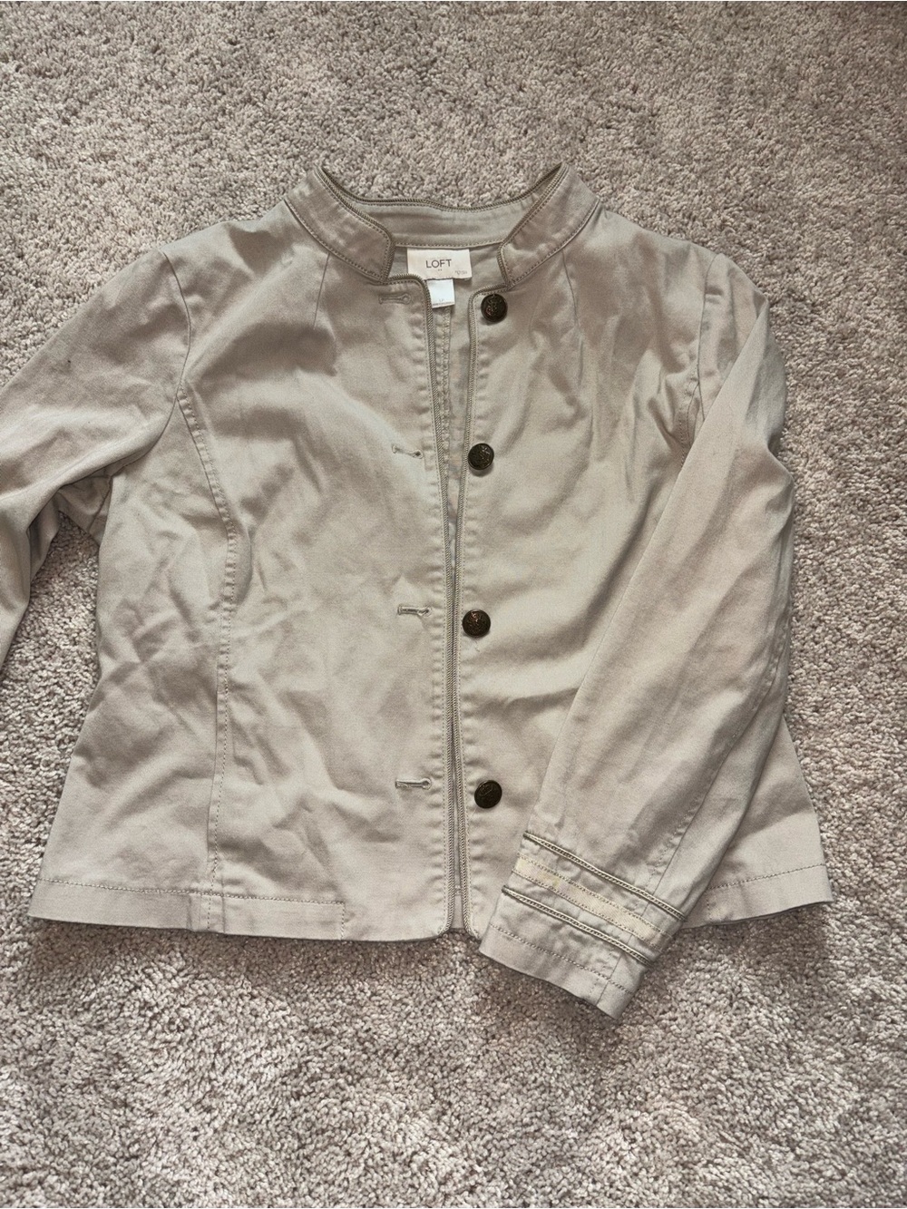 LOFT Petites Khaki Beige Military Utility Jacket Braided Trim Crested Button LP